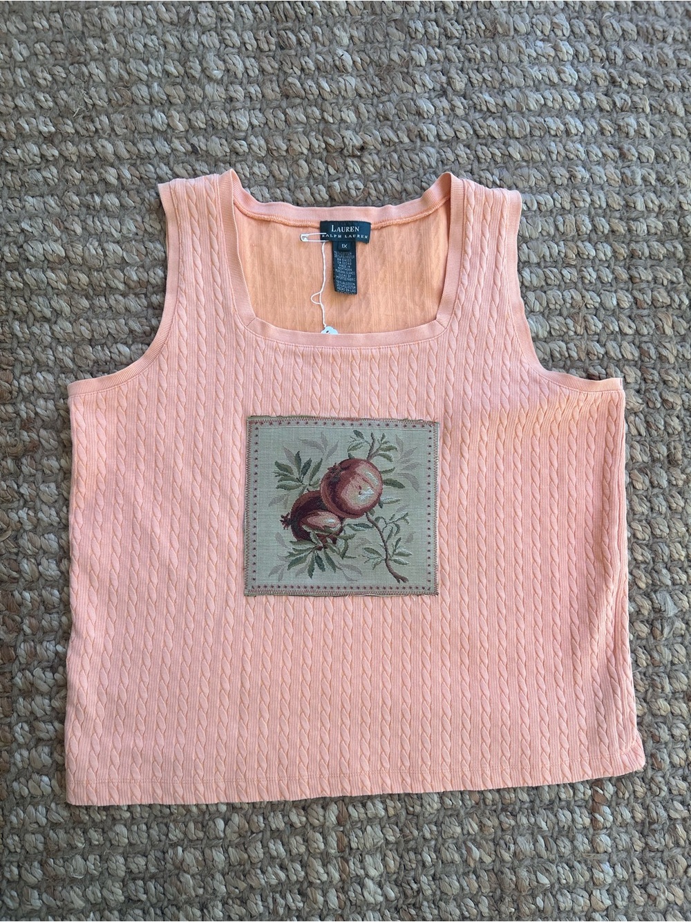 Upcycled Lauren Ralph Lauren Peach Cable-Knit Tank with Fruit Patch